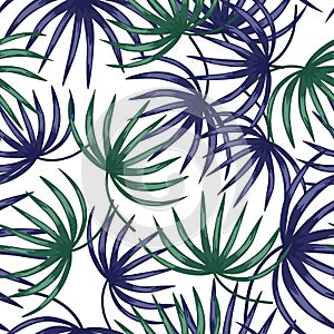 Isolated seamless pattern with doodle blue and green random botanic leaf shapes. White background