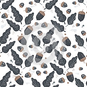 Isolated seamless pattern with navy blue acorns and leaves elements. White background