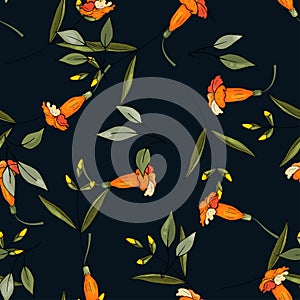 Isolated seamless  pattern. Vintage background. Hand drawn vector illustration. Botanical motifs. Orange and yellow flowers