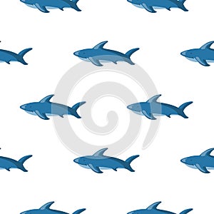 Isolated seamless zoo marine pattern with blue shark fish silhouettes. White background. Simple print