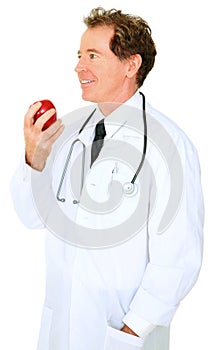 Isolated Senior Caucasian Doctor Eating Apple