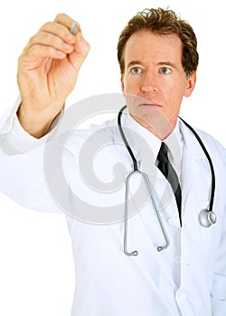 Isolated Senior Caucasian Doctor Writing On Air