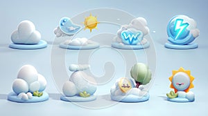 Isolated set of 3D render weather app icons and widget elements. Interface design for mobile or web applications. Sun