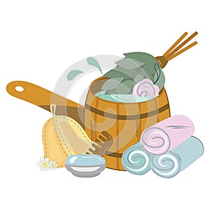 An isolated set of accessories for bath and sauna, spa treatments. Hygiene products. Birch broom, soap, barrel, bath cap