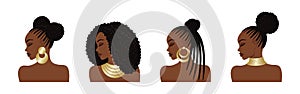 Isolated set of African American women with different hairstyles and gold jewelry