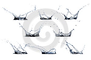 Isolated set collection of blue water splash on white background for add to advertisement for fresh food and beverage concept