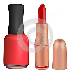 Isolated set of colored nail Polish and red lipstick on white ba