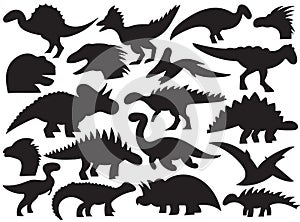 Isolated set dinosaur black silhouettes jurassic prehistoric monster bodies and head on white