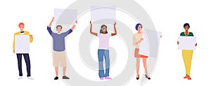 Isolated set of diverse people cartoon character holding empty blank placard, banner or signboard