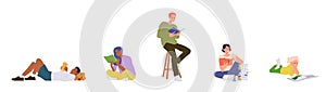 Isolated set of diverse young adult people and little children reading book on white background