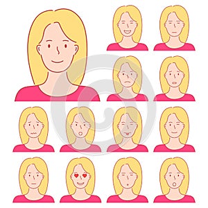 Isolated set of female avatar expressions. Different emotions of