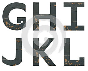 Isolated set of Font English or Latin Letters GHIJKL made of old peeling paint wooden board with cracks on white background