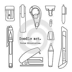 Isolated set of hand drawn stationery. Sketch writing items. Doodle office supplies, Pencil, Pen, correction fluid, marker, Cutter
