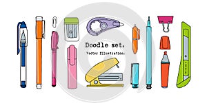 Isolated set of hand drawn stationery. Sketch writing items. Doodle office supplies, Pencil, Pen, correction fluid, marker, Cutter