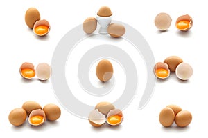 Isolated set of hen eggs and broken eggs on white background