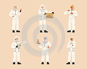 Isolated set of hiver characters wearing bee protection suit