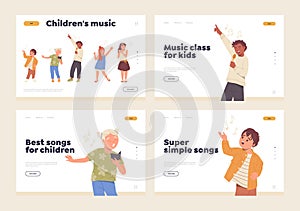 Isolated set of landing page design template offers online music vocal classes and courses for kids