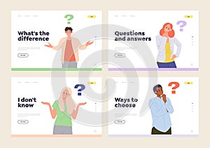 Isolated set of landing page design template with puzzled people character having question