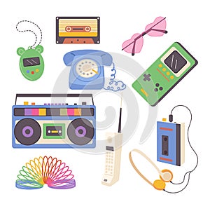 Isolated set with retro electronic devices stylish vintage attributes and gadgets from 90s