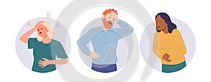 Isolated set of round icon composition with sick unhealthy people cartoon character with flu symptom