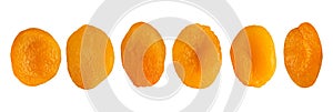 Isolated set. Six dried apricots fruit on white background with clipping path as package design element.