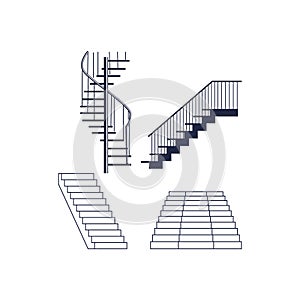 Isolated Set of Spiral Stairway, Carpet Marble Stair and Wooden Stone or Metal Staircase