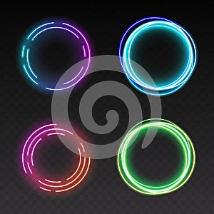 Isolated shining rings of light on transparent background. Abstract glowing light circles set