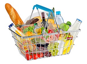 Isolated shopping basket filled with food photo
