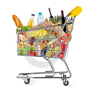 Isolated shopping cart filled with food