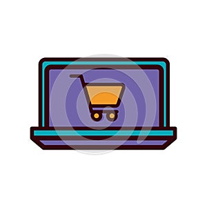 Isolated shopping cart inside laptop line and fill style icon vector design