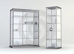 Glass showcase with light in a white room photo