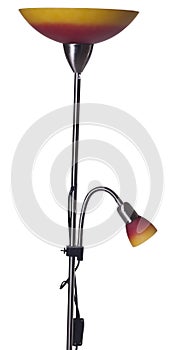 Isolated shot of a nickel red and orange uplighter torchiere floor lamp with a small reading light, on a white background