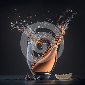 Isolated shot of whiskey with splash on black background, brandy in a glass