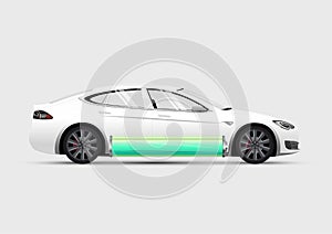 Isolated side view electric car with charged green battery at bottom. Vector illustration