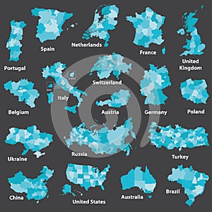 Isolated sift tints of blue regional country maps