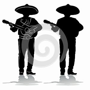 Isolated silhouette of a mexican guitarist, vector drawing