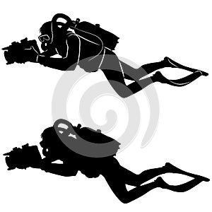Isolated silhouette of a scuba diver, vector draw photo
