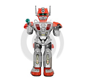 Isolated silver toy robot on white background.