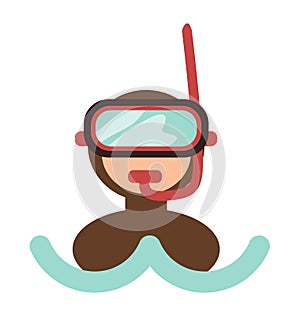 Isolated simple icon portrait of diver in diving mask among sea waves, underwater activity