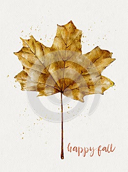 Isolated single Autumn dry leaf  water colour on white paper background