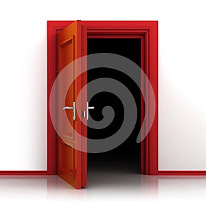 Isolated single red opened door out closeup 3D
