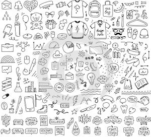 Isolated sketch objects bundle. Mega set of vector doodles. Hand drawn funny things. Black on white packground. Dotted