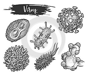 Isolated sketch of virus cell types. HIV and flu