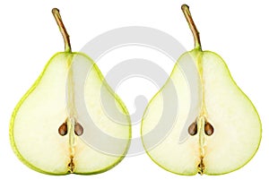 Isolated sliced pears. Two yellow green pear fruits slices isolated on white background with clipping path.