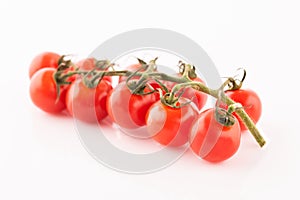 Isolated small red ripe tomatoes on a twig  on white background