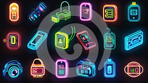 Isolated smart device and computer accessories graphic illustration. Powerbank, thumb drive, and smartwatch neon symbols