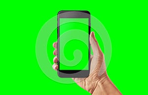 Isolated smart phone and hand in green, chroma key