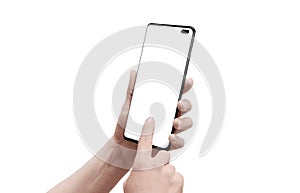 Isolated smart phone in woman hands. Modern phone with rounde edges and camera built in display