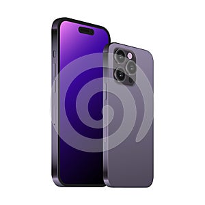 Isolated Smartphone 14 Pro Mockup. Realistic 3d Purple Design on White Background. Three Cameras. Diagonal Front and