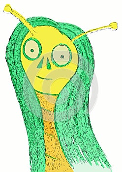 Isolated smiling alien woman cartoon, colors.